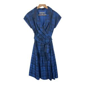Anne Klein Blue Plaid Fit & Flare Belted Midi Dress Cap Sleeve Faux Wrap Size 2